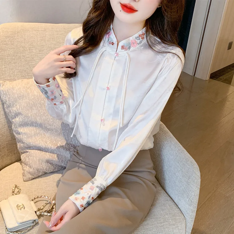 Chiffon Embroidery Women\'s Shirt Spring/Summer Loose Chinese Style Blouses Fashion Clothing Long Sleeves Women Top YCMYUNYAN