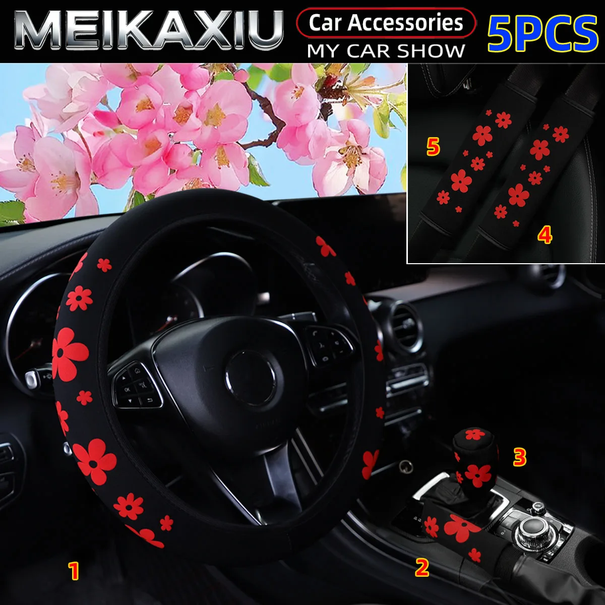 5PCS Women's Rimless Steering Wheel Cover Shoulder Pad Handbrake & Gear Shift Cover New Style Auto Accessory