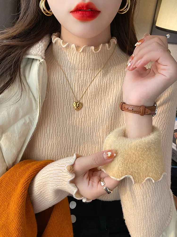 เสื้อสเวตเตอร์ไหมพรมแฟชั่นใหม่ ผ้าฟลีซหนานุ่ม แขนยาว ทรงเข้ารูป สำหรับผู้หญิง ใส่ได้ทั้งฤดูใบไม้ร่วงและฤดูหนาว เหมาะสำหรับใส่ทำงานในออฟฟิศ