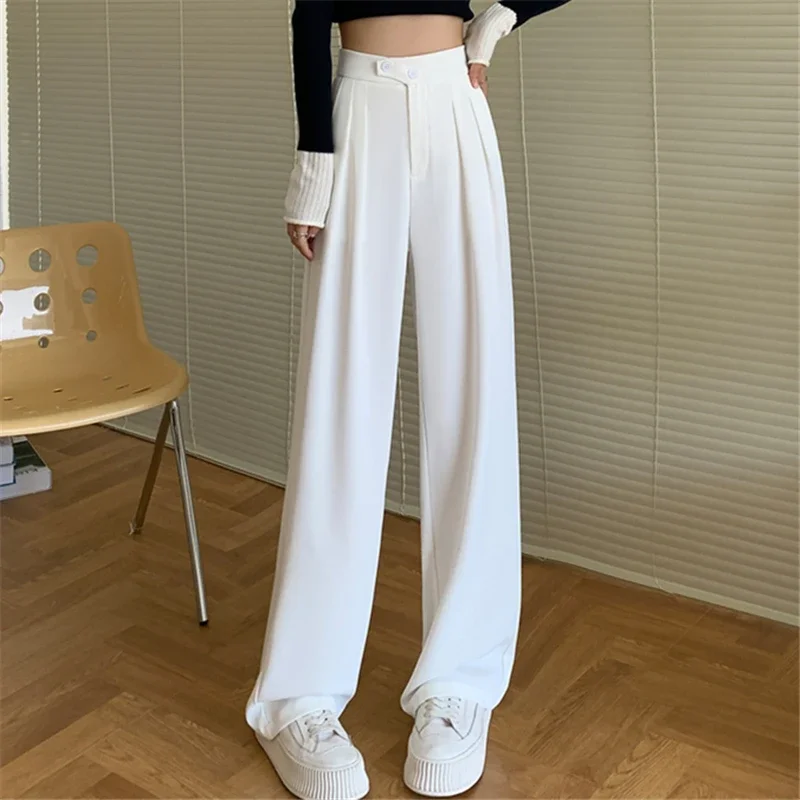 Costume blanc taille haute pour femmes, jambes larges, pantalon complet, blanc, élégant, minimalisme, droit, ample, nouvelle collection printemps été 2024