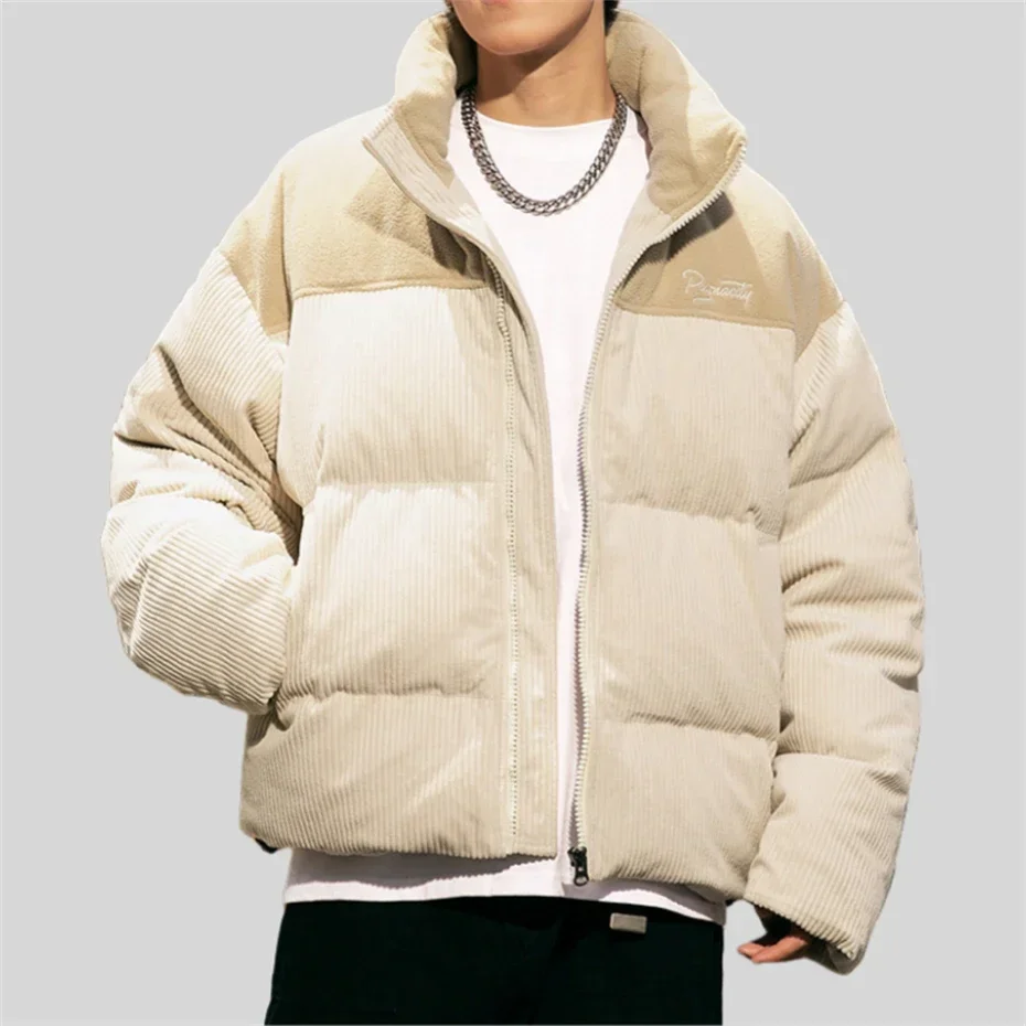 Corduroy Puffer Jacket Men Thicken Parka Bubble Coat Men Oversized Harajuku Hip Hop Padded Jacket Zip Up Patchwork Down Coat