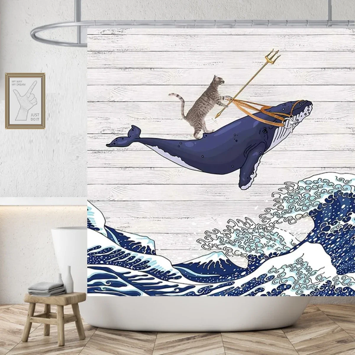 KitchenCurtainsFullBathroomSetsBedroomCurtainsCat Riding Whale Funny Waterproof Shower Curtain Cute Dog Animal Pastel Fabric Art