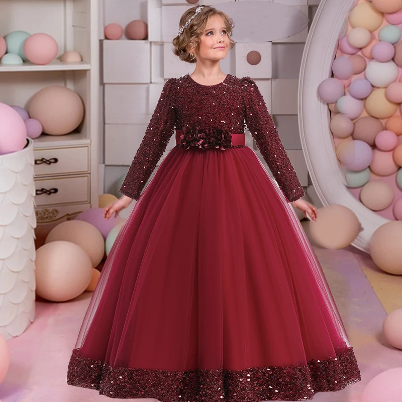 Teens Formal Evening Dresses For Girls Children Costume Long Sleeve Sequin Christmas Wedding Party Dress Kids Girl Princess Gown