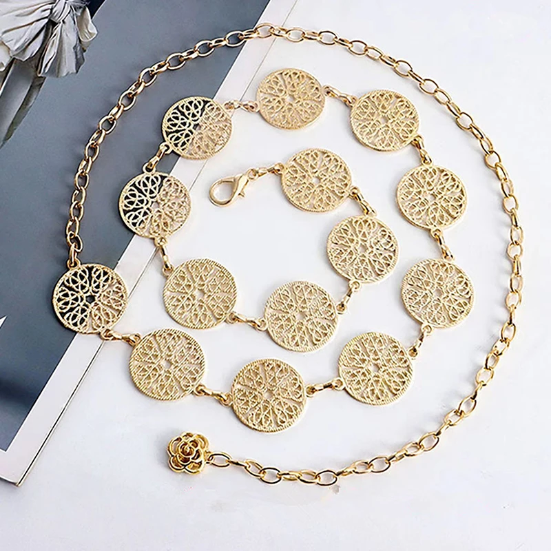 Elegant Round Metal Belt For Women Retro Gold Silver Carved Hollow Out Waistband Fashion Dress Decoration view 5