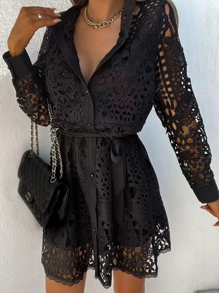 New Women Sexy Lace V-Neck Mini Dress Spring Autumn Solid Long Sleeve Ladies Dress Sweet Single-Breasted Streetwear Dropshipping