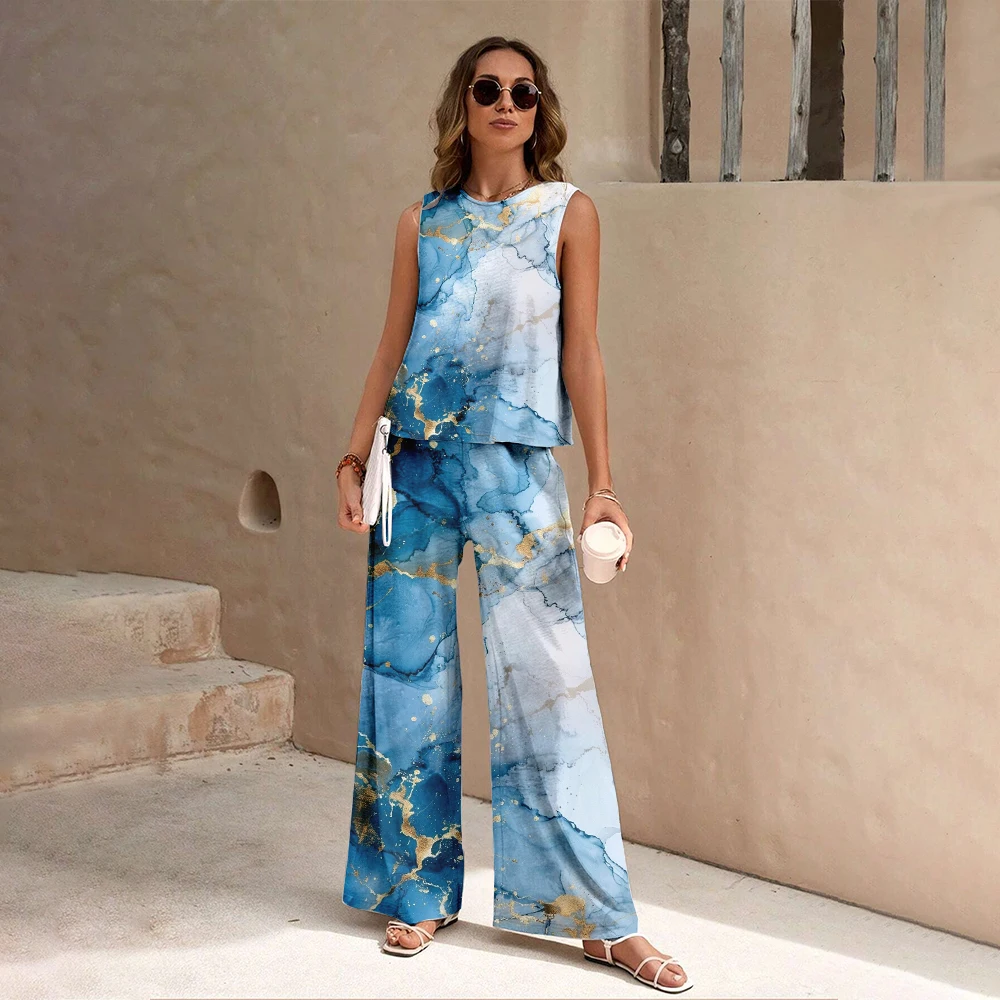 Women's Suit New Summer Casual Large Size Round Neck Sleeveless Printed Loose Shirt T-shirt Wide Leg Pants Two-piece Set