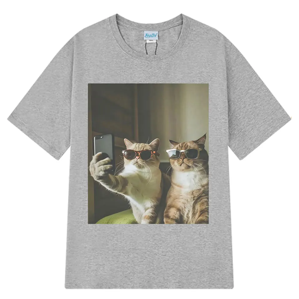Vintage Selfie Buddy Funny Cat Meme T Shirt Men Women Harajuku Fashion T-shirts Short-sleeved Cotton Hip-hop Casual T-shirts