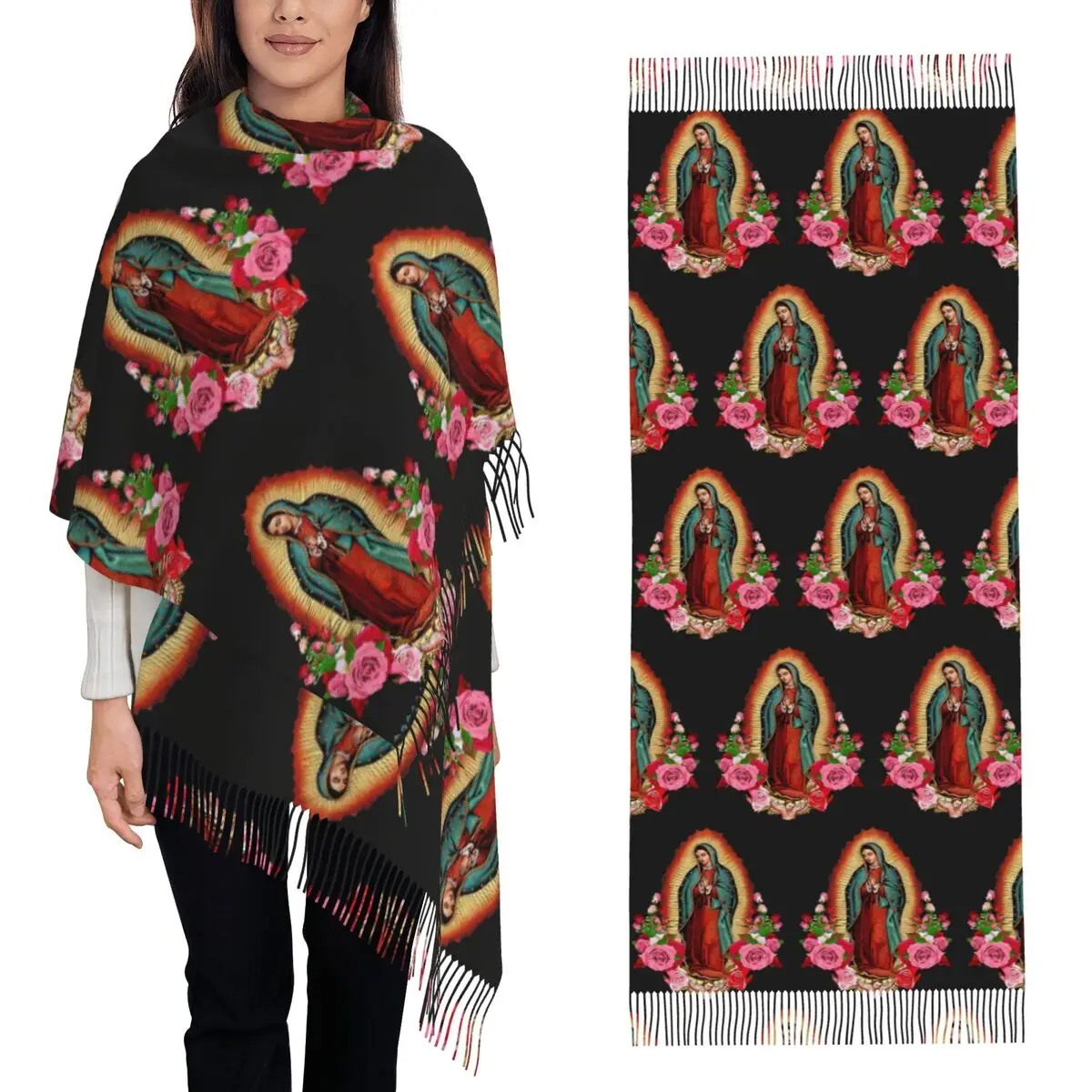 مريم العذراء غوادالوبي المكسيك الكاثوليكية القديس وشاح شرابة الأوشحة للنساء شالات دافئة ويلتف طويل الخريف الشتاء شال التفاف