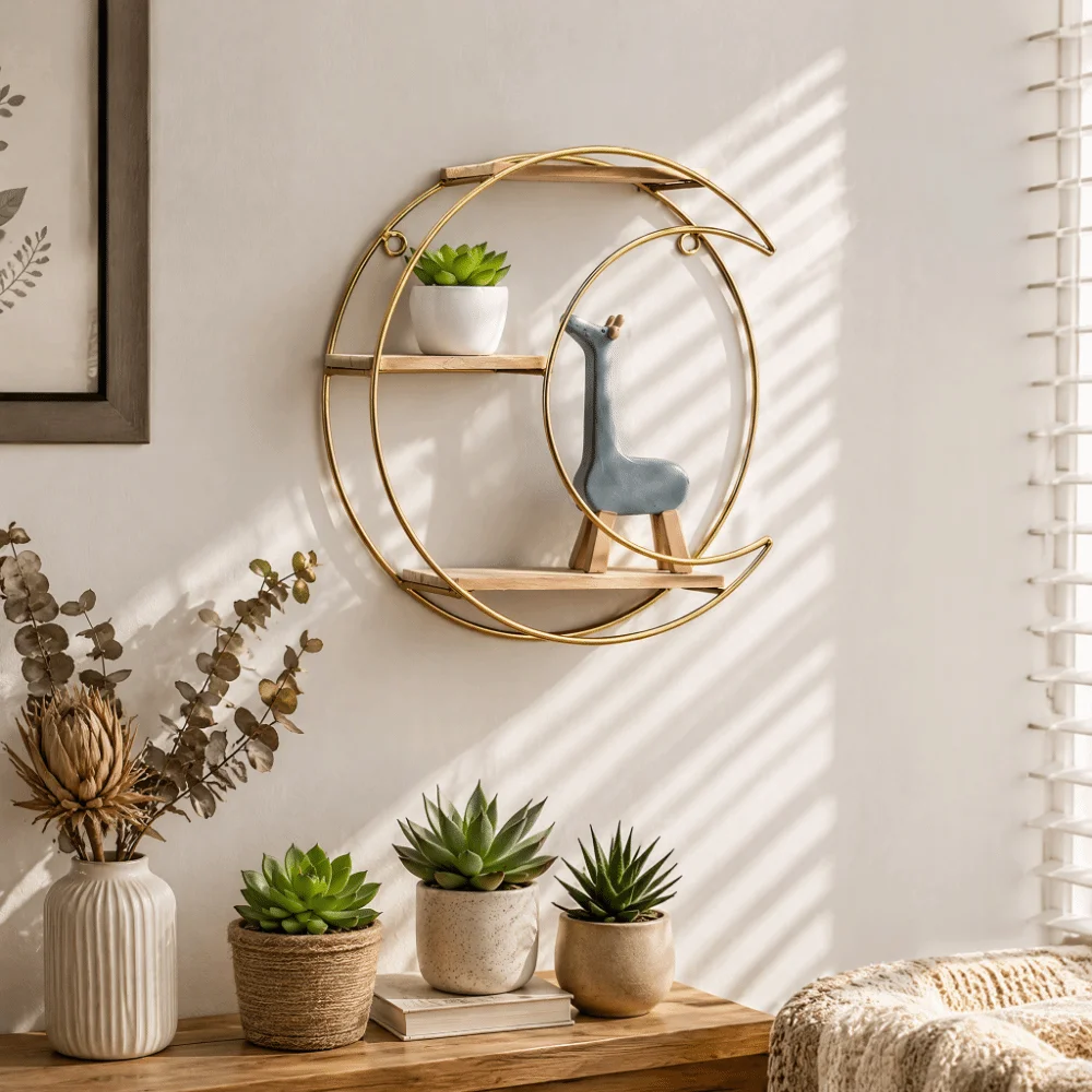 Multipurpose Gold Metal Moon Floating Shelf 11 in 3-Tier Wall Mounted Shelf Space Saving Wall Mounted 3-Tier Shelf Bedroom Decor
