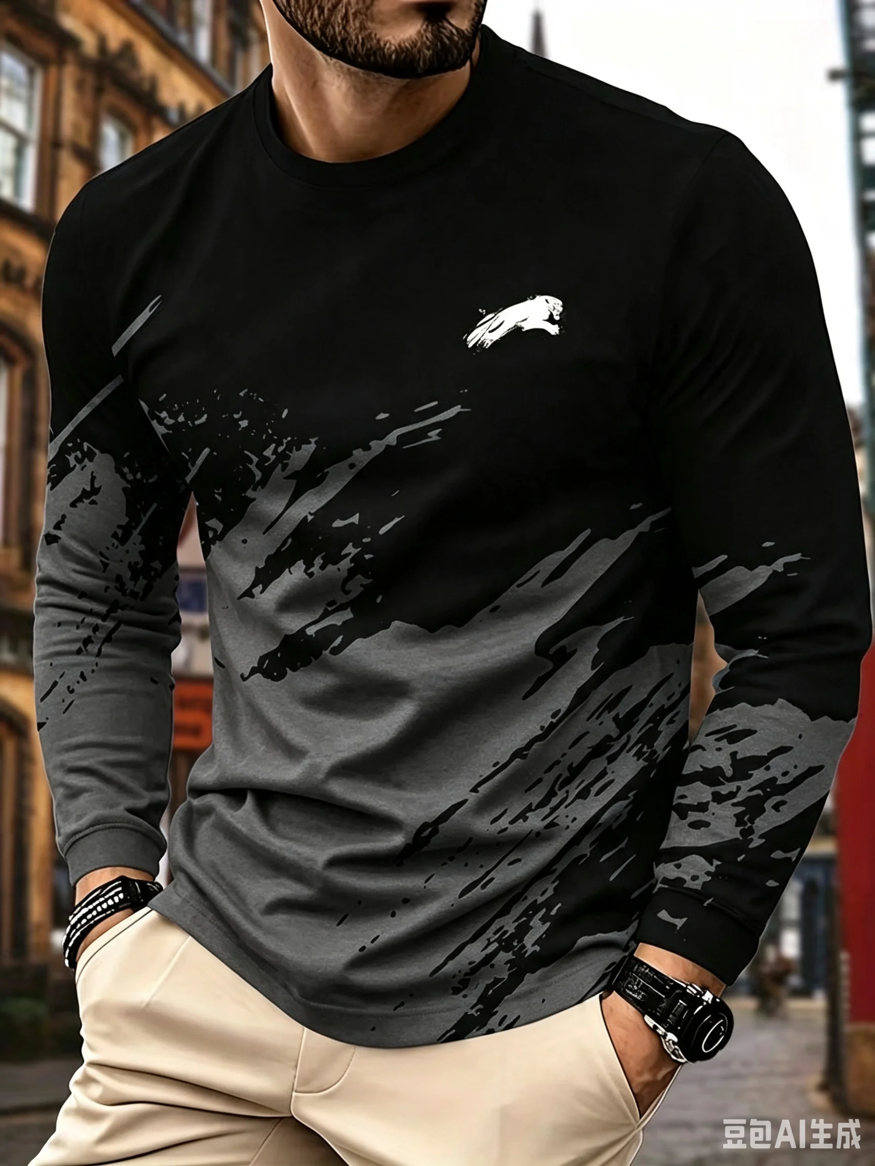 Fashion Black white minimalism printed long sleeves men T-shirt spring autumn breathable fitness leisure t-shirts and shirt top