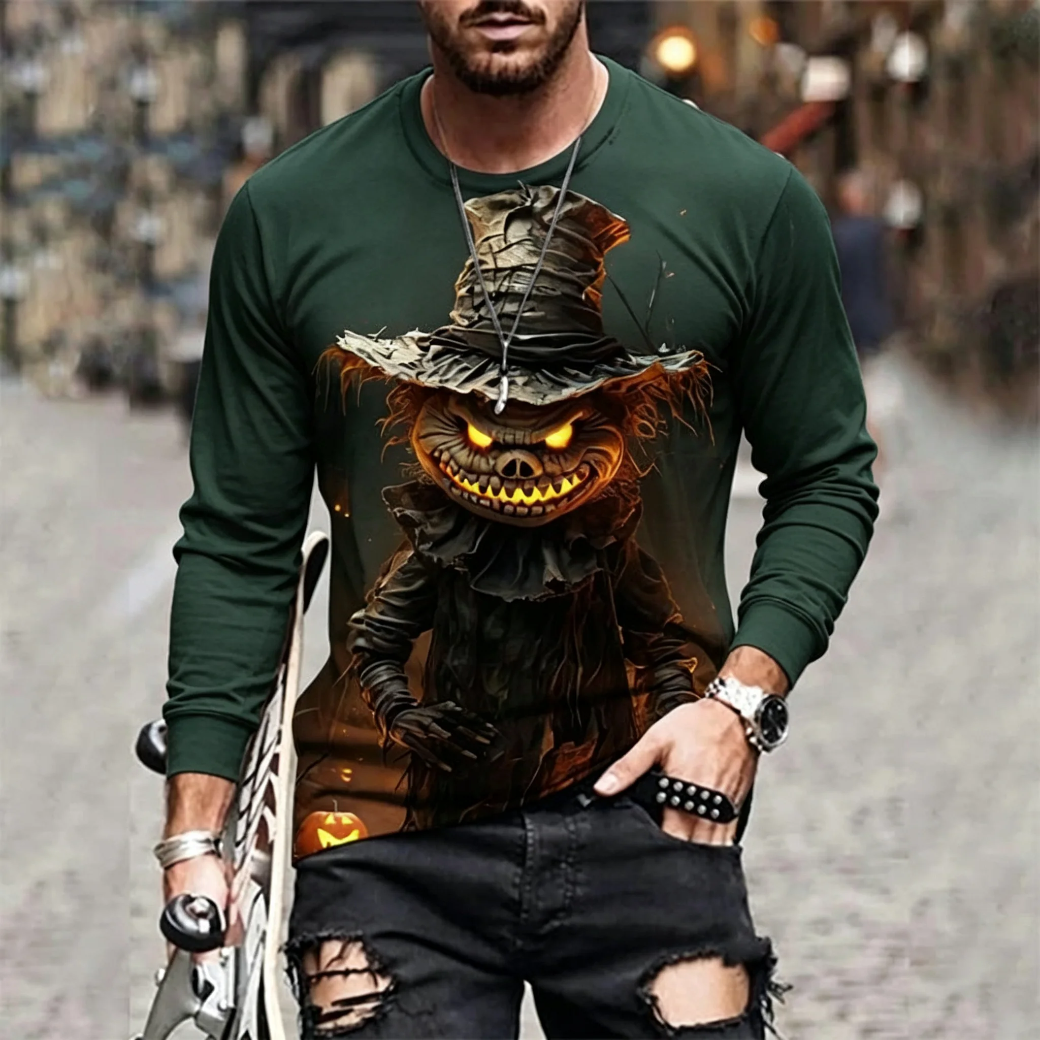 Herren Langarm-T-Shirt Halloween Vogelscheuche Skelett Geist Kürbis 3D-Druck Rundhals Casual Streetwear Oberteil – Detail 6