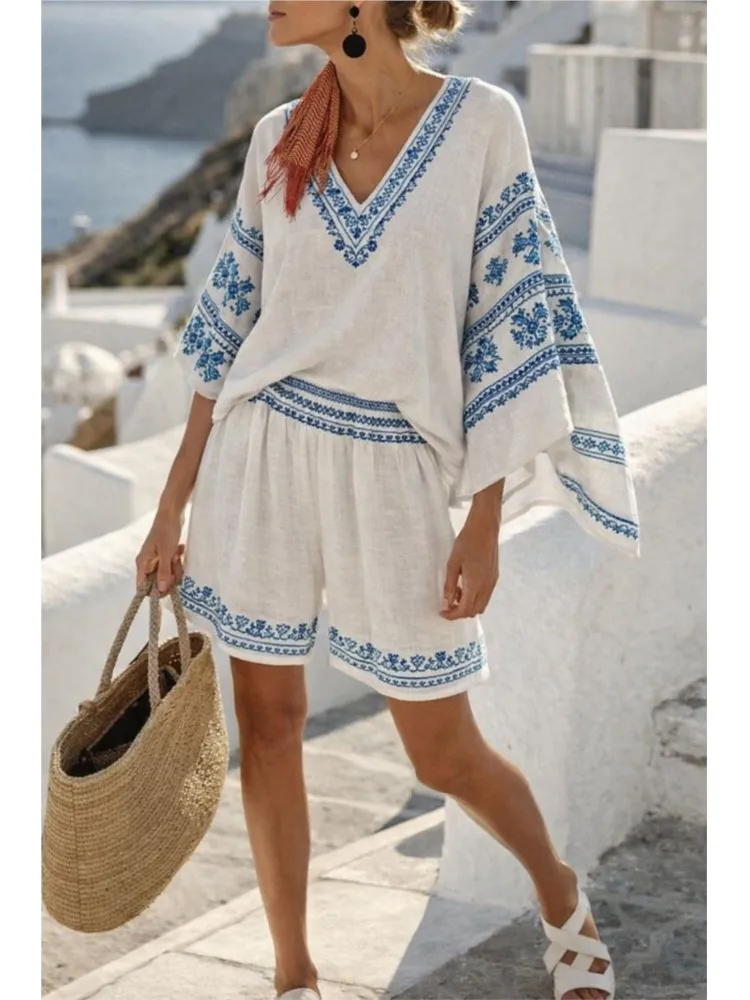 

Fashion Retro Printed Bat Sleeve Women's Beach Suit Summer New Casual Loose Sun Protection Tops + Shorts 2-piece Set Female 2026