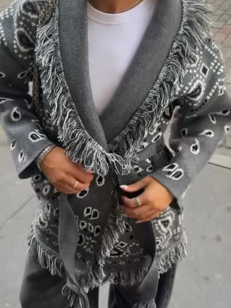 

2026 Spring Tassel Knitted Jacquard Women's Cardigans Loose Patchwork V-neck Long Sleeve Thick Warm Sweater Lady New Knitwear