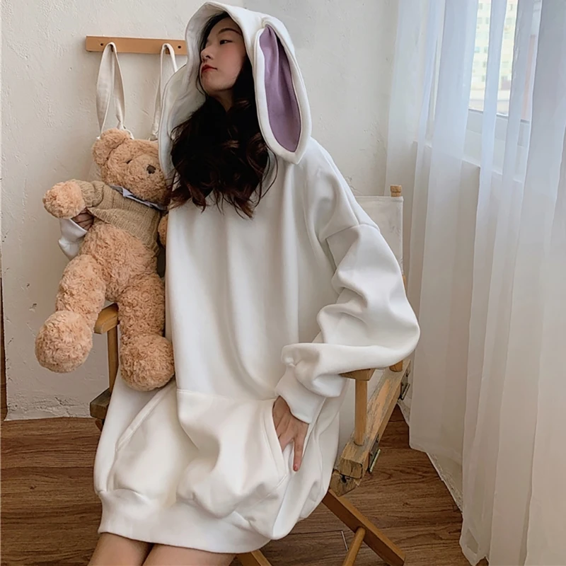 F42F Cartoon Long Sleeve Hoodie with Rabbits Ears for Ladies Casual Pullover Top Oversized  Fashion Blouses for Daily Wear