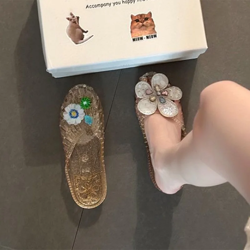 Korean Crystal Flower Jelly Shoes Women's Dopamine DIY Shoe Accessories Ballet Shoes Woman 2026 Summer Soft Soles Pvc Sandals view 2