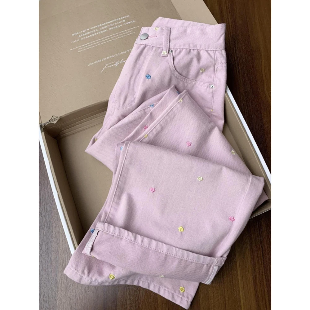 

Милые розовые джинсовые брюки с цветочной вышивкой, женские весенне-летние брюки 2025 года, новые прямые облегающие брюки, широкие джинсы в корейском стиле