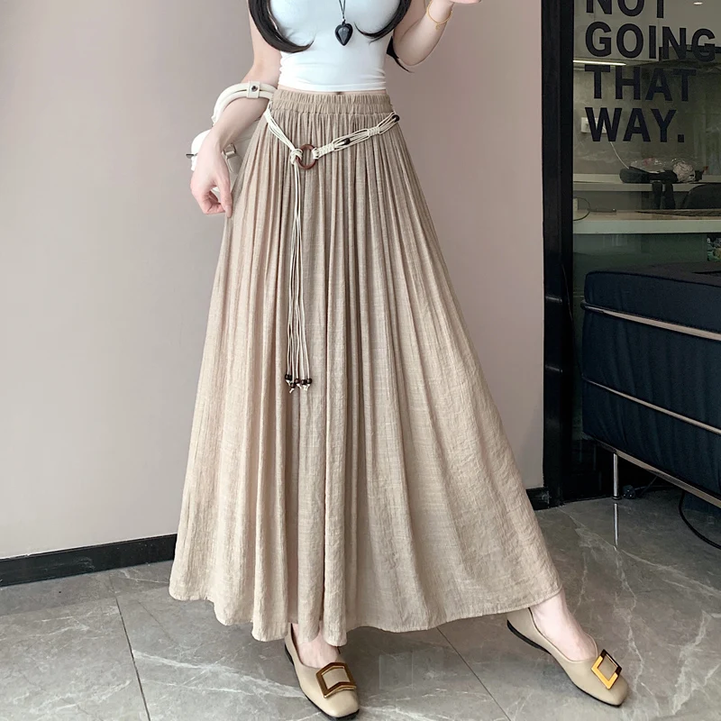 Boho Women's Skirt Cotton Linen Yellow Female Skirts High Waist Harajuku 2025 Trend  Luxury Elegant Vintage Long Skirt With Belt