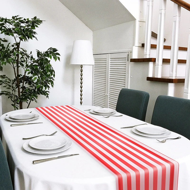 6 Pieces Striped Table Runner Wedding Polyester Table Decor Red White Striped Design Tablecloth Decor