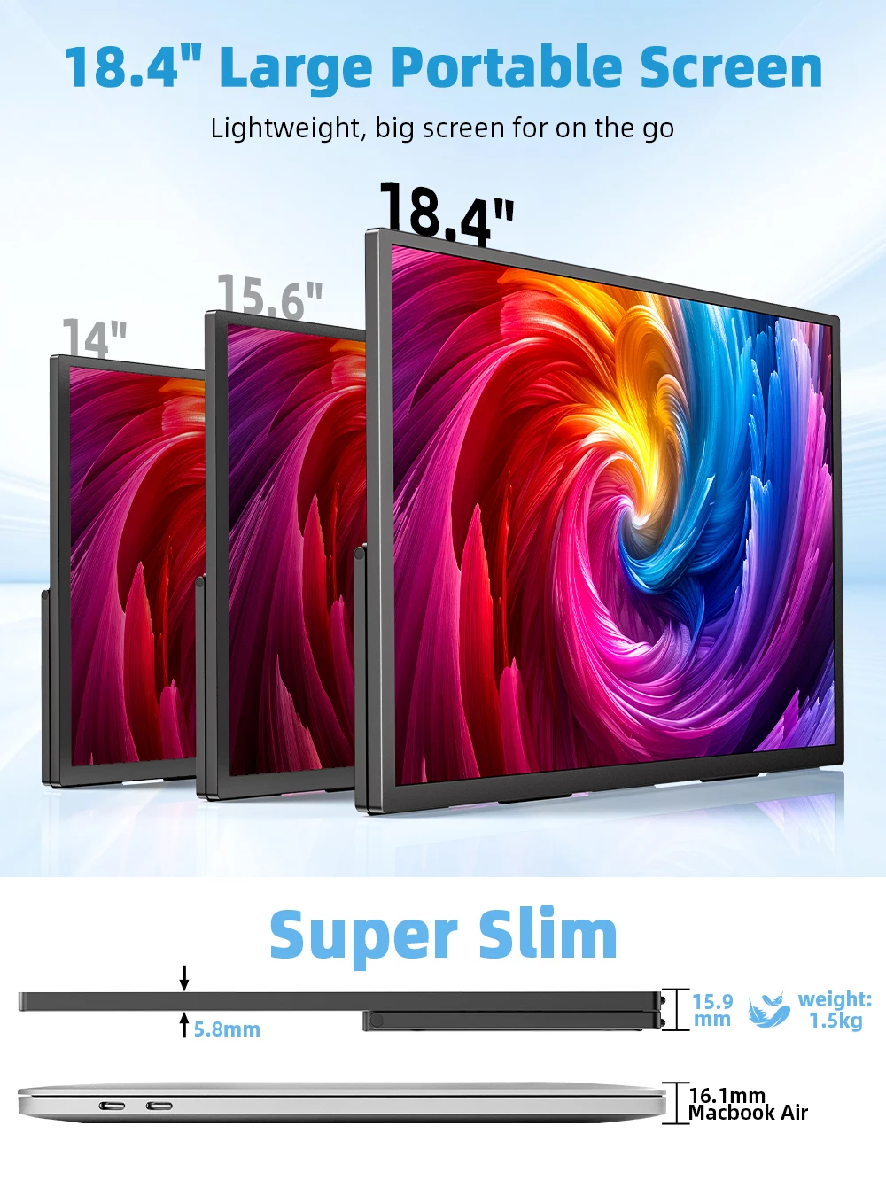 UPERFECT 18.4'' 4K Portable Monitor QLED 100% DCI-P3 3840x2160 UHD FreeSync HDR 2 Speakers Eye Care Travel Gaming Display For Laptop Desktop Mac Phones Tablet PS5/4 Switch view 3
