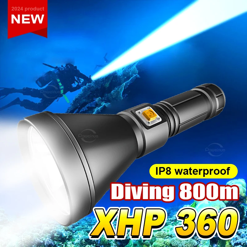 Super Bright 20000LM Professional Diving Flashlight XHP360 High Power Diving Torch Ultra Spotlight Underwater Diving 800M Torchs