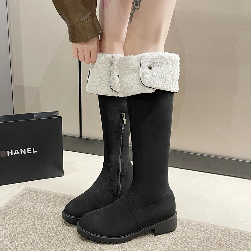 Women's High Boots Winter New Frosted Button Upturned and Fleece Fashion Boots Comfortable Warm Non-slip Motorcycle Boots