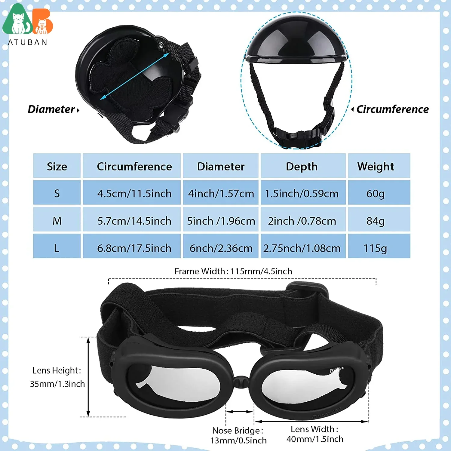 ATUBAN Small Dog Helmet Goggles UV Protection Doggy Sunglasses Pet Dog Glasses Motorcycle Hard Safety Hat with Adjustable