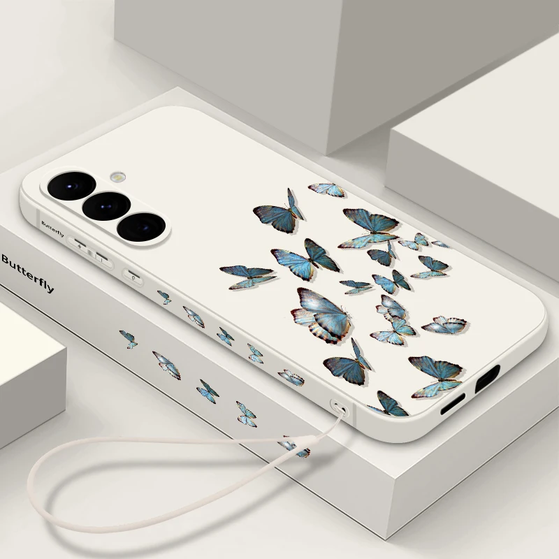 Butterfly Print Lanyard Case For Samsung Galaxy A54 A55 A35 A25 A15 5G A53 A52 A14 A34 S20 S21 FE S22 S23 S24 Ultra Soft Cover