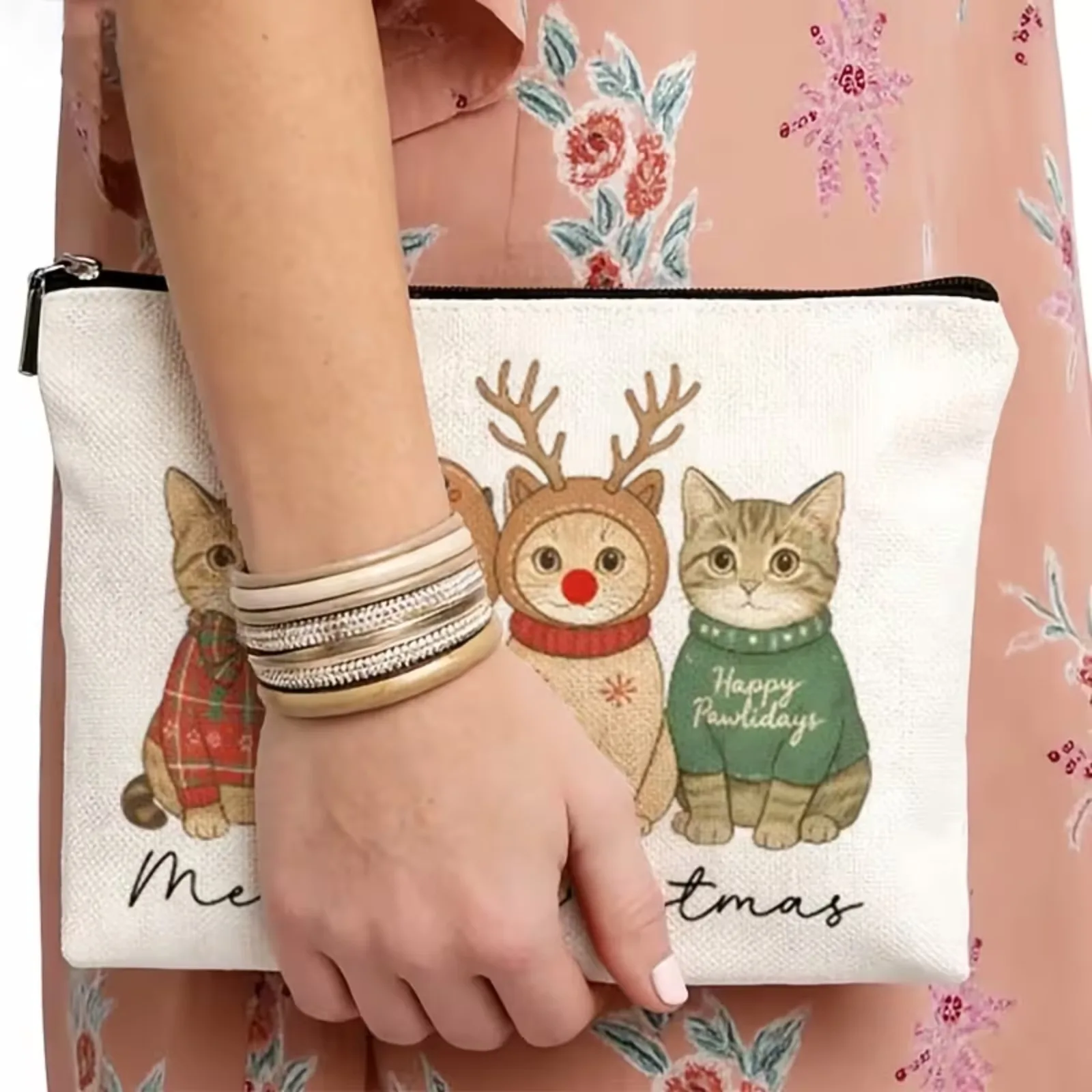 Christmas Cat Makeup Bag Xmas Kitten Costume Print Zipper Cosmetic Pouch Travel Toiletry Organizer Holiday Gift for Cat Lovers