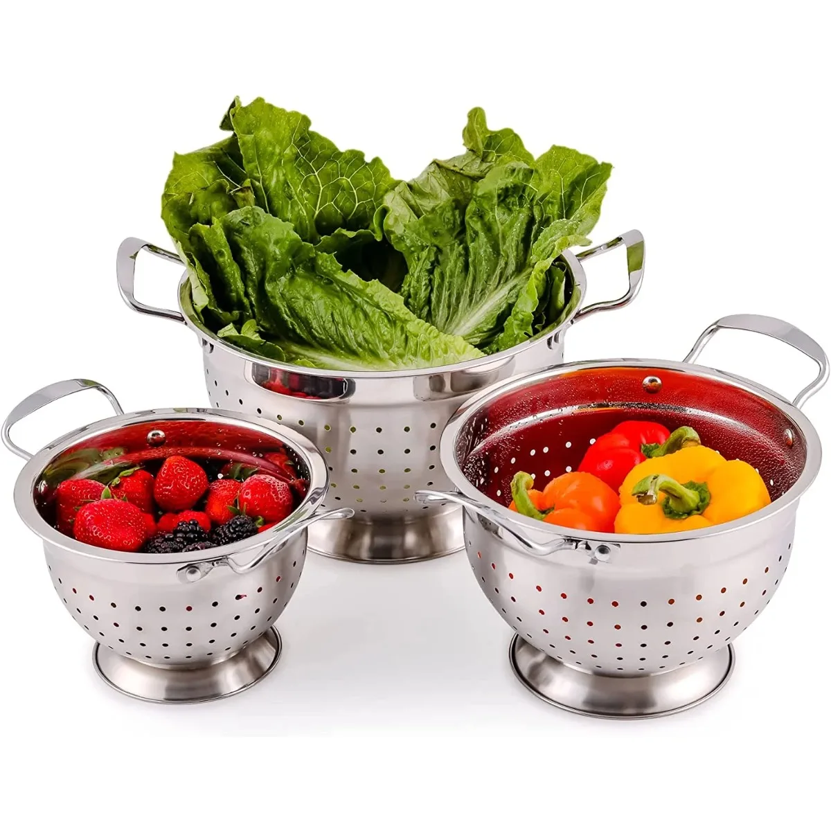 

Premium Stainless Steel Colander Set of 3 Deep Kitchen Colander, Dishwasher Safe, Metal Bowl Drainer with Handle, Silver