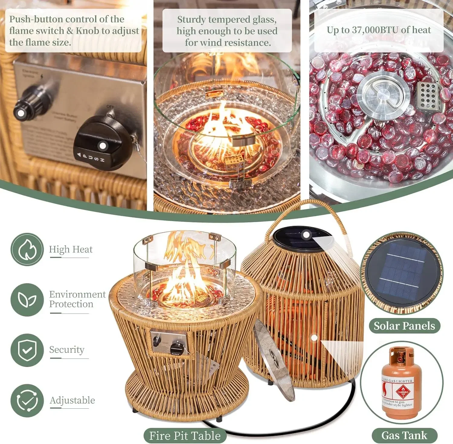 Conjuntos de móveis de pátio Boho com propano, mesa Fire Pit, conversa ao ar livre, conjuntos secionais de vime, 37000 BTU, 3PCs