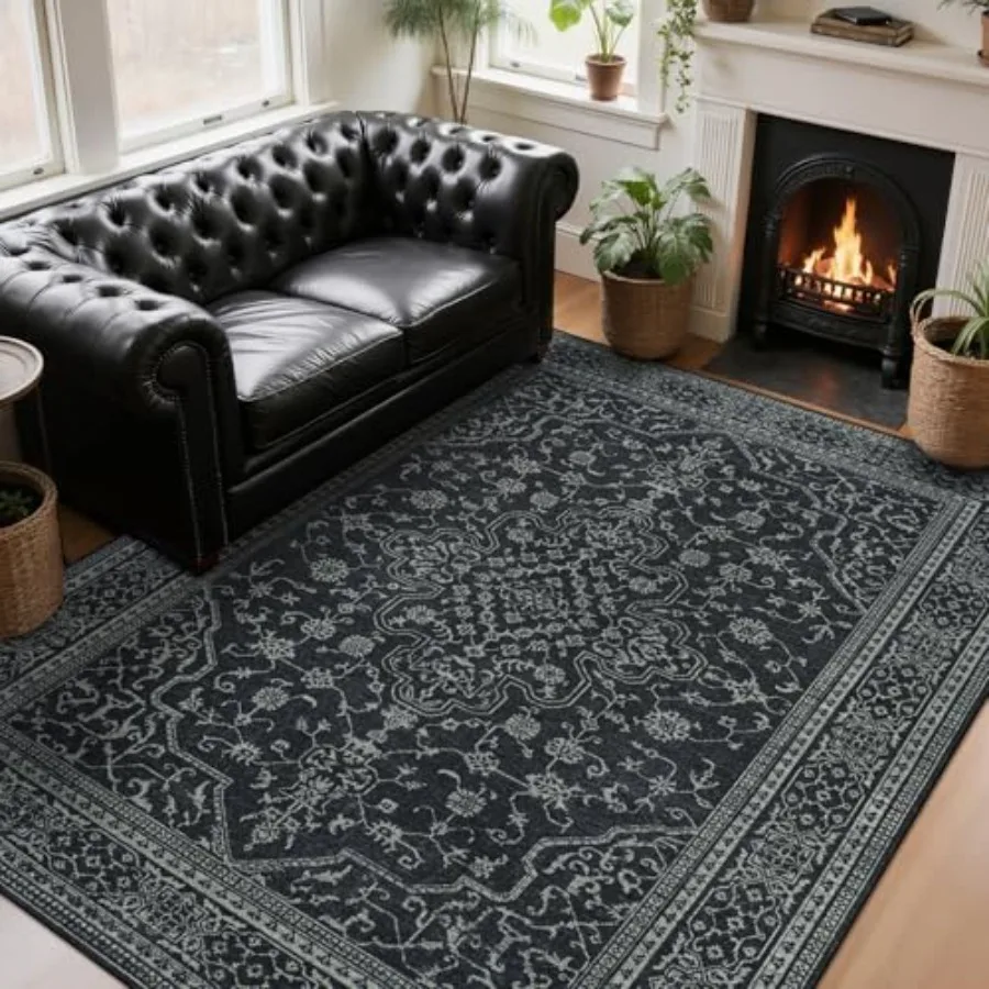 

Washable 8x10 Area Rugs for Living Room, Bedroom, Dining Room Soft Low Pile Stain-Resistant Vintage Rug in Beige with Non-Slip