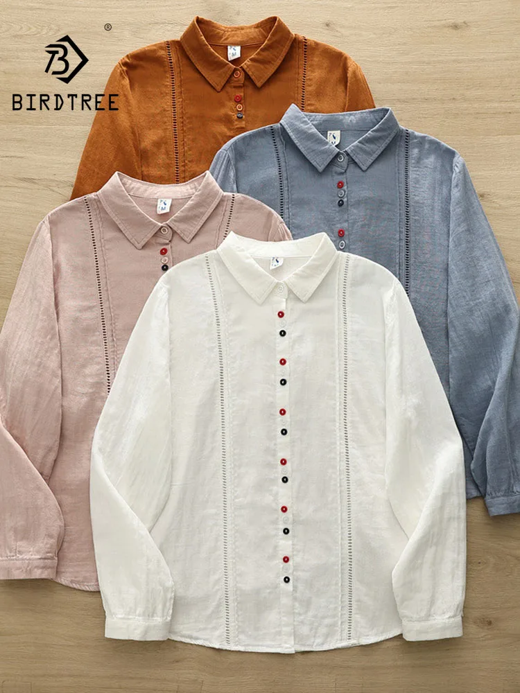 New 2026 Autumn Women Cotton Yarn Long Sleeve Shirt, Turn-down Collar Lace, Mori Girl Colorful Buttons Loose Blouse T69325CC