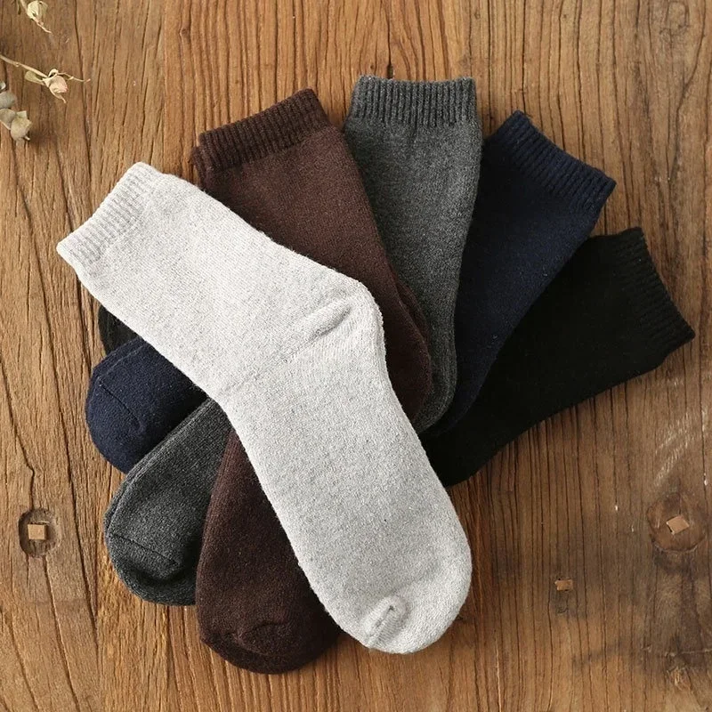 Retro Classic Business Men Winter Thick Sock 5Pairs Solid Color Heat Retain Warm Thermal Socks Soft Cozy Male Office Casual Sock