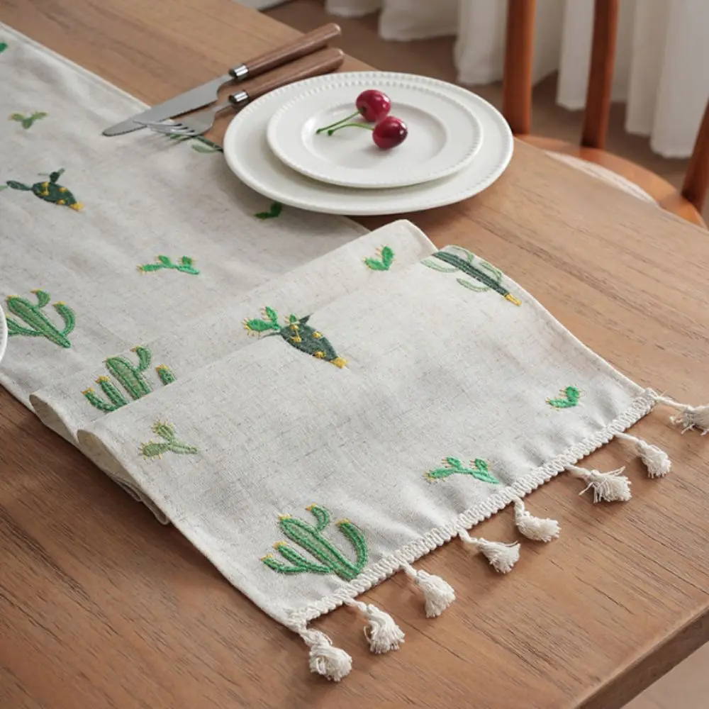 Rustic Style Linen Embroidery Table Runner Flower/Cactus Pattern Long Strip Table Cloth Decorative with Tassel Table Cover