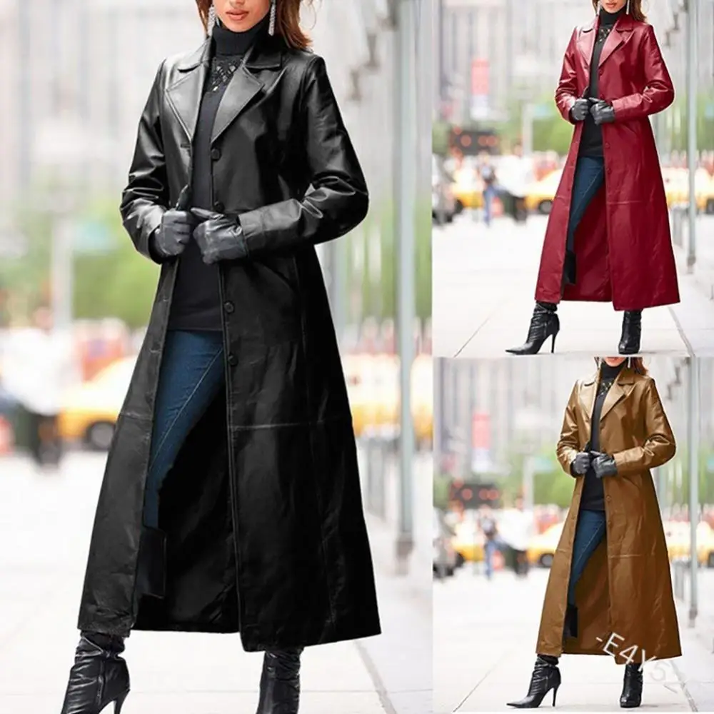 2020 Women Autumn Winter Solid Color Faux Leather Long Slim Wind Coat Windbreaker Women's Clothing женская куртка femme veste