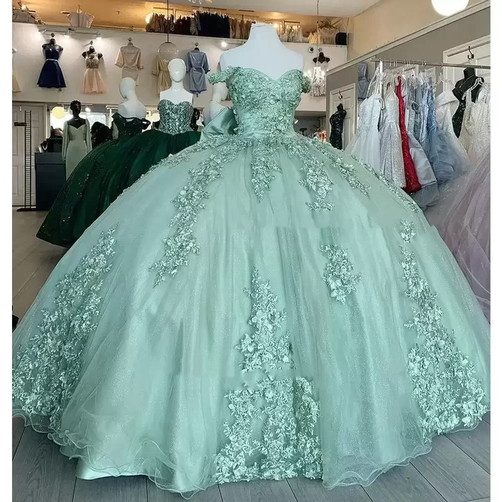 ANGELSBRIDEP Sage Green Quinceanera abiti Off spalla Appliques floreali pizzo fiocco indietro corsetto per dolce 15 ragazze abiti da festa