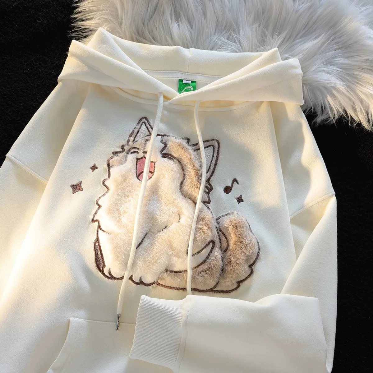 Kawaii Plush Embroidery Cat Hooded Sweatshirt for Women Streetwear Loose Long Sleeve Hoodies Spring Autumn Tops Coat