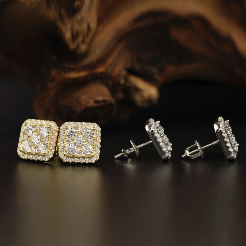 Hip Hop Iced Moissanite Square Halo Earrings for Men Women Sterling Silver 925 Geometric Stud Earrings Screwback Pass Tester