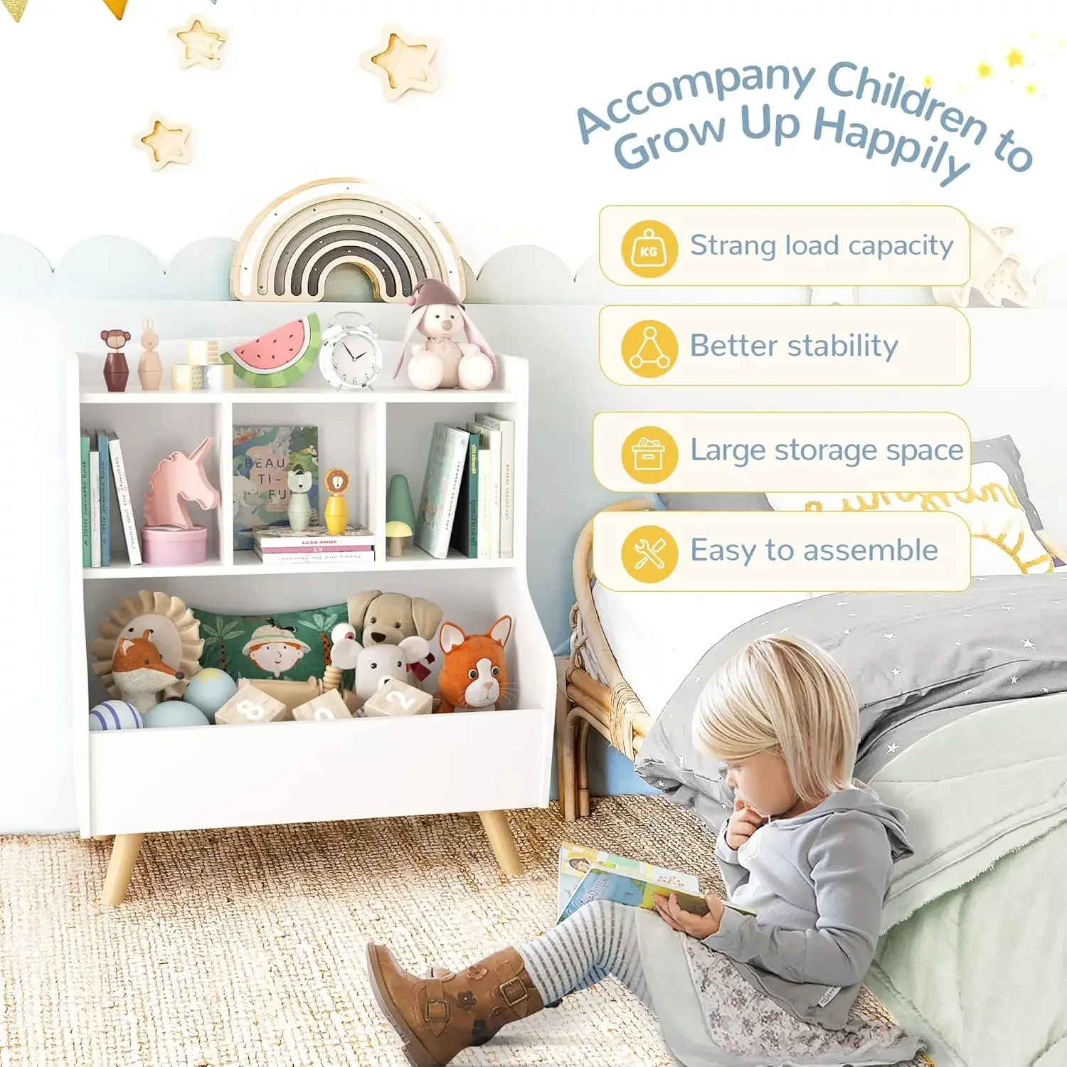 Kids Bookshelf and Toy Storage, 3-Tier Wooden Open Bookcase, Baby Book and Toy Storage Display Organizer