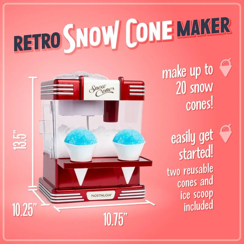 Snow Cone Shaved Ice Machine - Retro Table-Top Slushie Machine Makes 20 Icy Treats Includes 2 Reusable Plastic Cups & Ice Scoop