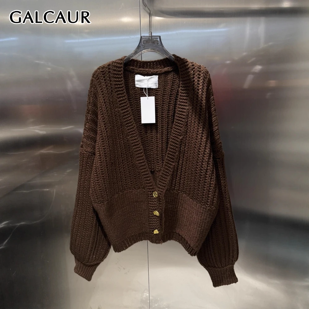 

GALCAUR однотонный однобортный свитер женский с v-образным вырезом и длинным рукавом свободные повседневные ленивые женские свитера модная осенняя новинка