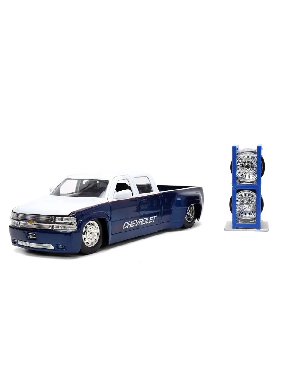 Jada Toys Just Trucks 1:24 1999 Chevy Silverado Dually Die-cast Car with Tire Rack Model for Kids and Adults