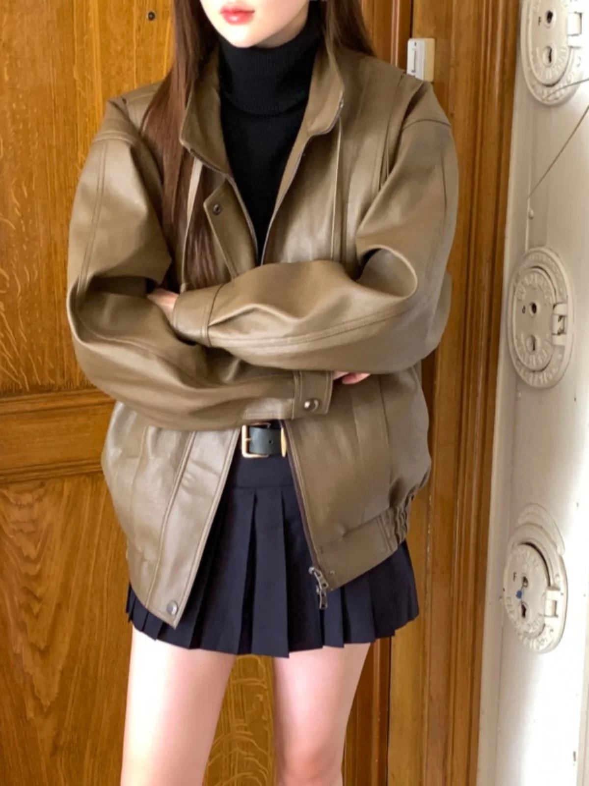 Jaet in pelle PU opaca Colletto alla coreana Dstring da donna Allentato dimagrante Sli Abbigliamento da moto Top Trendy Pendolari Sle