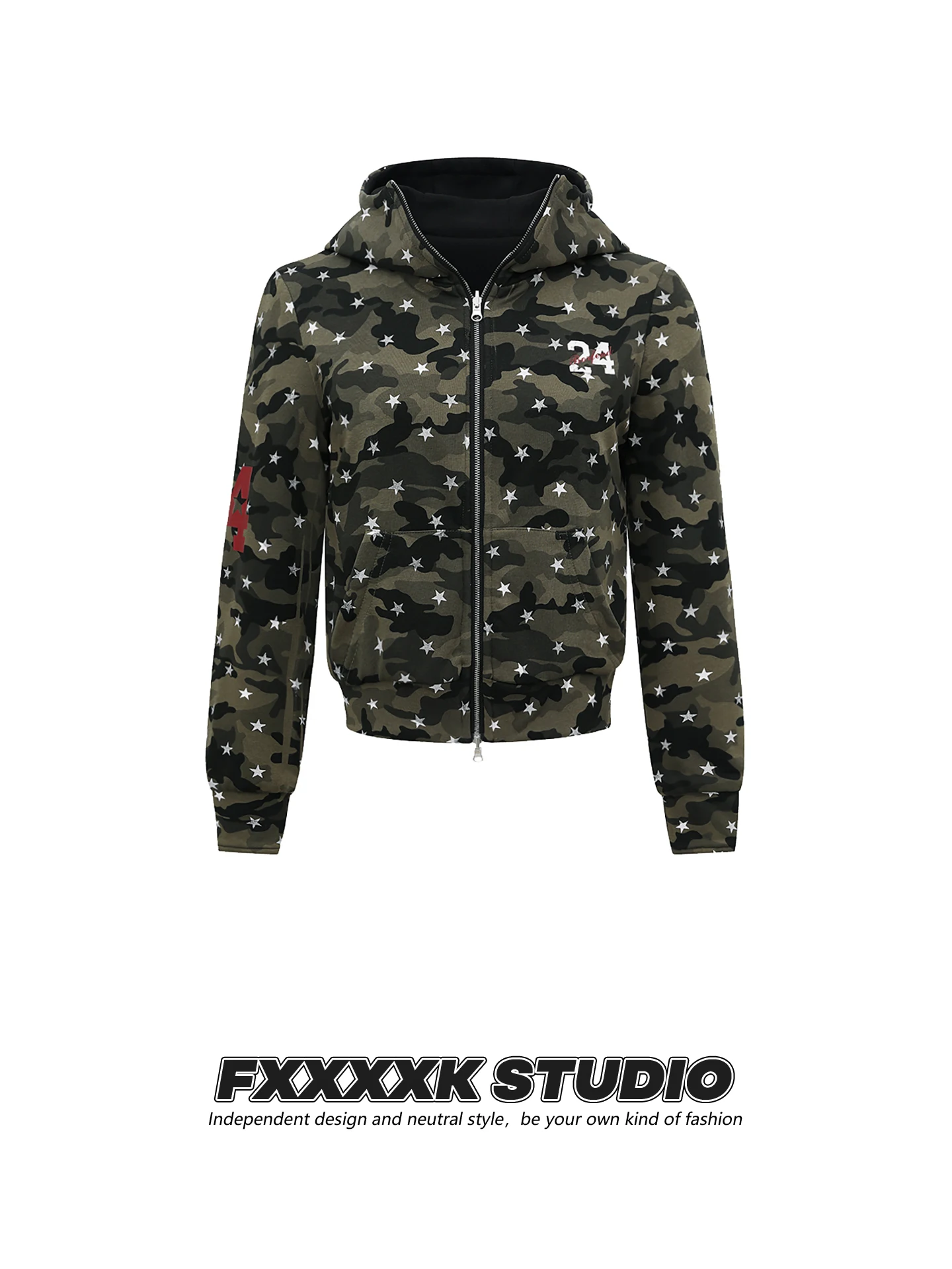 

FXK Original American Retro Hip Hop Streetwear Double Sided Wear Camouflage Star Print Open Cardigan Hoodie Jaet Women