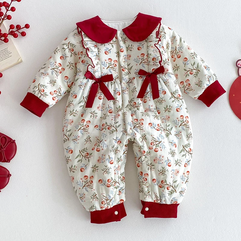 2025 New Winter Children Thicken Warm Clothing Infant Baby Girls Jumpsuit Long Sleeved Print Toddler Baby Thicken Warm Romper