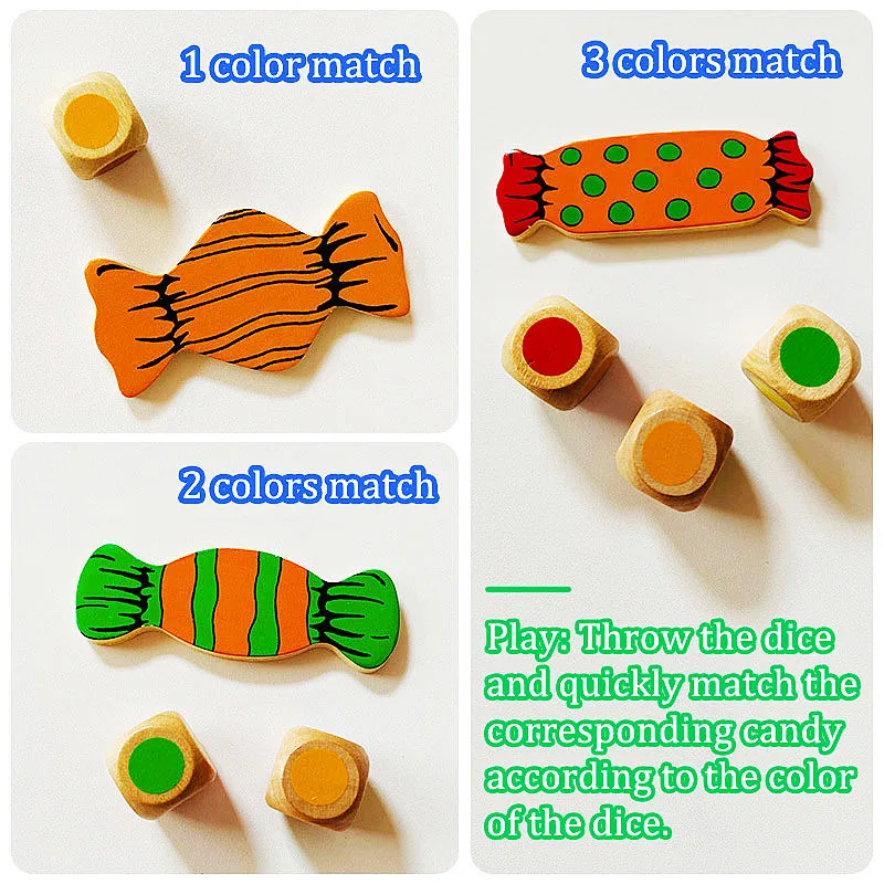 ของเล่นฝึกประสาทสัมผัสสำหรับเด็กลูกเต๋าลูกกวาดทำจากไม้ของเล่นสีจับคู่เกมกระดานฝึกความจำของเล่นเพื่อการศึกษาสำหรับเด็ก