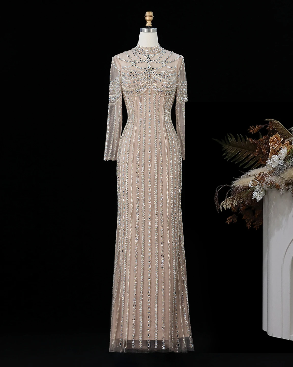 Sharon Said Abendkleid Elegantes Meerjungfrauenkleid mit hohem Halsausschnitt, Tüll, langen Ärmeln, Kristallen, Dubai, formelle Party, Hochzeitskleider SS195, maßgeschneidert – Detail 5