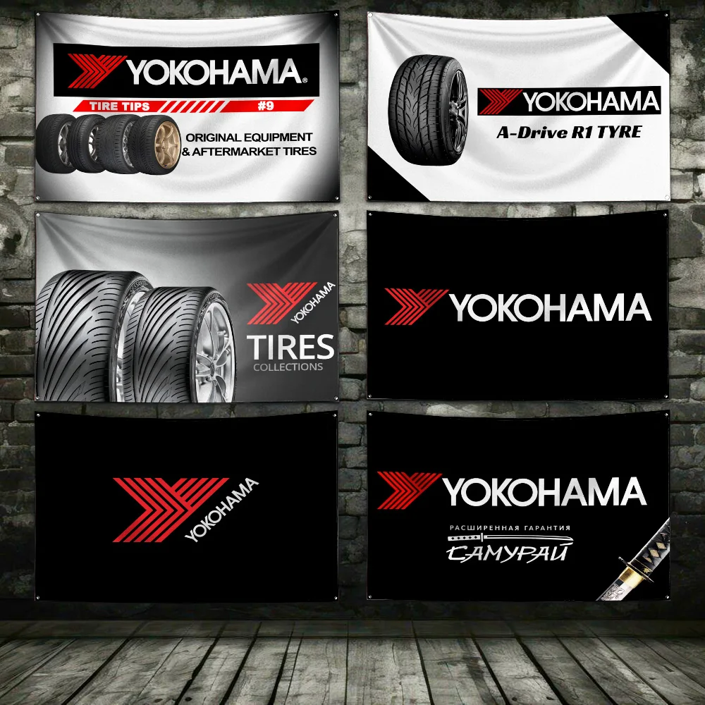 Ft Car Tires Yokohamas Flag Polyester Digital Printing Banner for Garage Wall Art Out Door Decoration With Brass Grommets