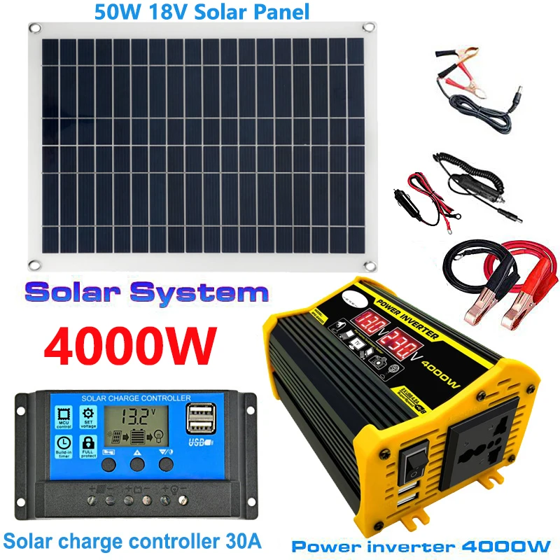 

110V/220V Solar Panel System 50W Solar Panel+30A Charge Controller+4000W 12V 220V Modified Sine Inverter Power Generation Kit