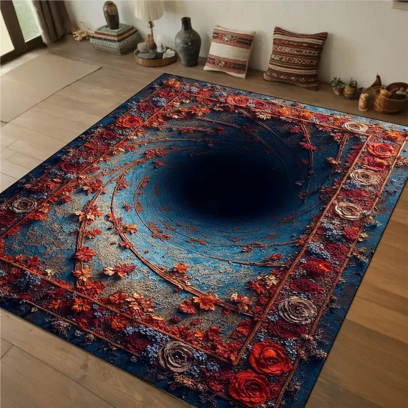 Floral Vortex Optical Illusion Rug  Deep 3D Black Hole Rug  Unique Home Office Decor Trippy Aesthetic Floor Mat for Living Room